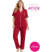Bie's Kadın Bordo Büyük Beden Viskon Gömlek Yaka Önden Düğmeli Göğüs Cepli Mevsimlik Kısa Kol Pijama Takım