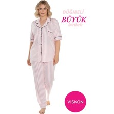 Bie's Kadın Büyük Beden Viskon Gömlek Yaka Önden Düğmeli Göğüs Cepli Mevsimlik Kısa Kol Pijama Takımı