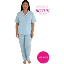 Bie's Kadın Mavi Büyük Beden Viskon Gömlek Yaka Önden Düğmeli Göğüs Cepli Mevsimlik Kısa Kol Pijama Takımı