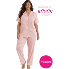 Bie's Kadın Pembe Büyük Beden Viskon Gömlek Yaka Önden Düğmeli Göğüs Cepli Mevsimlik Kısa Kol Pijama Takım