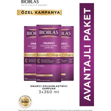 Bioblas Keratin & Kolajen Onarıcı Dolgunlaştırıcı Saç Bakım Şampuanı 3 x 360 ml Ince ve Yıpranmış Saçlar