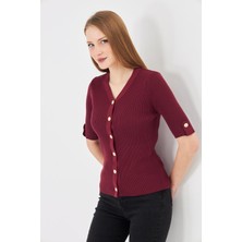 Irmak Kerekli Kadın Apoletli Düğmeli  Kısakollu Fitilli Triko Hırka 121417 Bordo