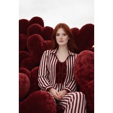 Koza İç Giyim Kadın 3'lü Çizgili Pamuklu Pijama Takımı Uzun Kollu Gömlek Yaka Bordo-Pembe