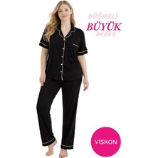 Bie's Kadın Siyah Büyük Beden Viskon Gömlek Yaka Önden Düğmeli Göğüs Cepli Mevsimlik Kısa Kol Pijama Takım