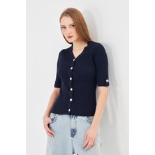 Irmak Kerekli Kadın Apoletli Düğmeli  Kısakollu Fitilli Triko Hırka 121417 Lacivert