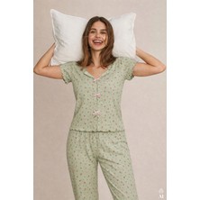 Kadınlar İçin Koza İç Giyim Kısa Kollu Fiyonklu Fitilli Pijama Takımı Yeşil Renkli Şık Tasarım