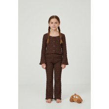 Kübra tekstil Kız Çocuk Kahverengi Yumuşak Dokulu Takım  Uzun Kollu Düğmeli Üst Pantolon 2'li Set Kız Çocuk Takım