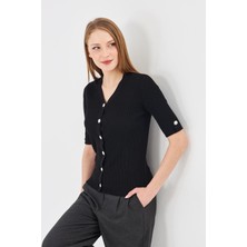 Irmak Kerekli Kadın Apoletli Düğmeli  Kısakollu Fitilli Triko Hırka 121417 Siyah