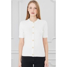 Irmak Kerekli Kadın Bisiklet Yaka Saç Örgü Kısa Kollu Triko Hırka  121824 Ekru