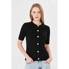 Irmak Kerekli Kadın Bisiklet Yaka Saç Örgü Kısa Kollu Triko Hırka  121824 Siyah