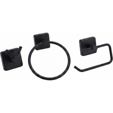 Enalburumtr Kare Mat Siyah - 2'li Bornoz Askısı / Tuvalet Kağıtlığı / Yuvarlak Havluluk / 3'lü Set - Paslanmaz Çelik