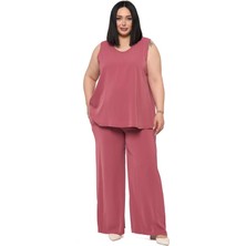 Disentis Modest Büyük Beden Kolsuz Bluz Bol Paça Pantolon Gül Kurusu Ikili Takım