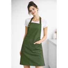 Hulganz Mutfak Önlüğü Leke Tutmaz Su Itici Kumaş Çıtçıtlı Boyun Askılı Cepli Haki Yeşili Renk Önlük