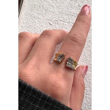 Leo'Stone V.ı.p Çift Renk Seri Zirkon Taşlı Çift Parça Cluster Gold Kaplama Ayarlanabilir Kadın Çelik Yüzük