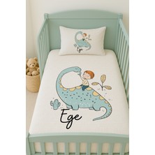 Lilabio %100 Pamuk Isme Özel Isimli 100X150 cm Pike Seti Dinozor ve Çocuk