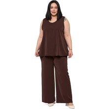 Disentis Modest Büyük Beden Kolsuz Bluz Bol Paça Pantolon Kahverengi Ikili Takım