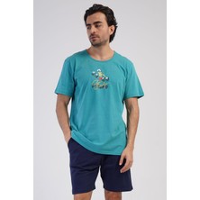 Vienetta Erkek Kısa Kol Şortlu Silver Pine %100 Pamuk Baskılı Pijama Takımı C9T6N1904