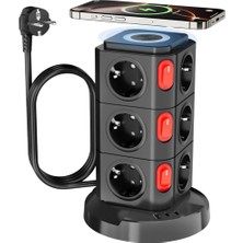 Aesco Akım Korumalı Priz Kule Tipi Kablosuz Şarj Istasyonu 12X Priz, 2x Type-C, 1x USB Girişli 2mt Kablo