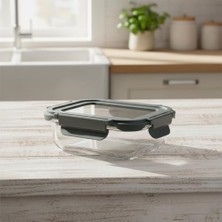 Aesco 600 ml Kilitli Borosilikat Cam Saklama Kabı – Sızdırmaz Gri Kapaklı ve Şeffaf Pencereli Yemek Kutusu, Fırın ve Mikrodalga Uyumlu Lunch Box