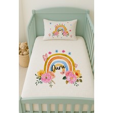 Lilabio %100 Pamuk Isme Özel Isimli 100X150 cm Pike Seti Kelebekli Gökkuşağı