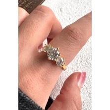 Leo'Stone Büyük Yuvarlak Oval 3 Taş Tasarım Ayarlanabilir Kadın Çelik Yüzük