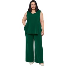 Disentis Modest Büyük Beden Kolsuz Bluz Bol Paça Pantolon Zümrüt Yeşili Ikili Takım
