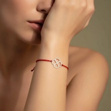 G&A Jewels 925 Ayar Gümüş ve Pırlanta Taşlı Kalpli Yonca Kırmızı Ipli Bileklik