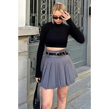 Swist Füme Kadın Mini Etek Kemerli Dokuma Kumaşlı Full Pileli Gri Renk Yaz Sezonu