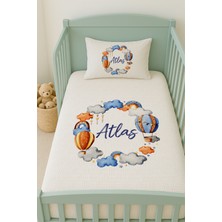 Lilabio %100 Pamuk Isme Özel Isimli 100X150 cm Pike Seti Mavi Balon ve Bulutlar