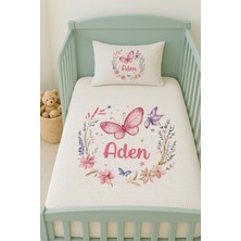 Lilabio %100 Pamuk Isme Özel Isimli 100X150 cm Pike Seti Pembe Kelebekler ve Çiçek