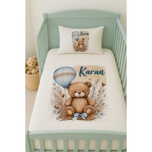 Lilabio %100 Pamuk Isme Özel Isimli 100X150 cm Pike Seti Mavi Balonlu Ayıcık