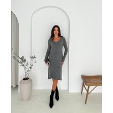 Abba1 Yumuşak Dokulu Fitilli V Yaka Triko Elbise