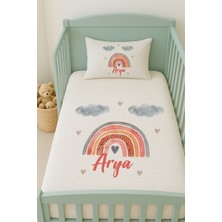 Lilabio %100 Pamuk Isme Özel Isimli 100X150 cm Pike Seti Gri Bulutlu Gökkuşağı
