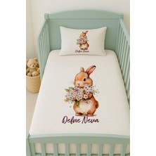 Lilabio %100 Pamuk Isme Özel Isimli 100X150 cm Pike Seti Çiçekli Tavşan