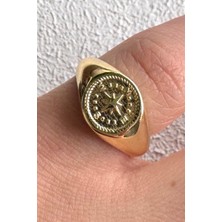Leo'Stone Gold Pusula Model Plaka Tasarım Ayarlanabilir Serçe Parmak Yüzüğü