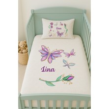 Lilabio %100 Pamuk Isme Özel Isimli 100X150 cm Pike Seti Mor Lale ve Kelebek