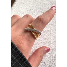 Leo'Stone V.ı.p Çift Renk Seri Infinity Lines Tasarım Zirkon Taşlı Çapraz Model Ayarlanabilir Çelik Yüzük