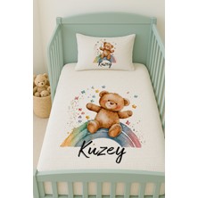 Lilabio %100 Pamuk Isme Özel Isimli 100X150 cm Pike Seti Gökkuşağı ve Teddy