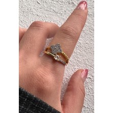 Leo'Stone V.ı.p Çift Renk Seri Zirkon Taşlı 2li Yonca Tek Taş Tasarım Ayarlanabilir Kadın Çelik Yüzük