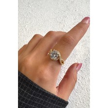 Leo'Stone Özel Seri Elpis Yarım Tur Taşlı Tek Taş Tasarım Ayarlanabilir Kadın Çelik Yüzük