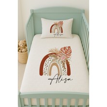 Lilabio %100 Pamuk Isme Özel Isimli 100X150 cm Pike Seti Kahverengi Çiçekli Gökkuşağı