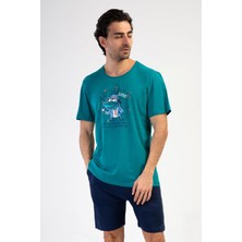 Vienetta Erkek Büyük Beden Kısa Kol Şortlu Silver Pine %100 Pamuk Pijama Takımı C8T7N1904