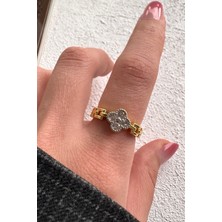 Leo'Stone V.ı.p Çift Renk Seri Zirkon Taşlı Lucky Bloom Zirkon Taşlı Yonca Tasarım Ayarlanabilir Çelik Yüzük