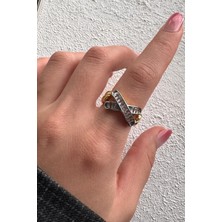 Leo'Stone V.ı.p Çift Renk Seri Zirkon Taşlı Çapraz Bar Gold & Silver Kaplama Ayarlanabilir Kadın Çelik Yüzük