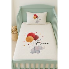 Lilabio %100 Pamuk Isme Özel Isimli 100X150 cm Pike Seti Renkli Balonlu Fil