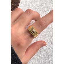 Leo'Stone Gold Baget Zirkon Taşlı Geniş Bant Altın Kaplama Ayarlanabilir Kadın Serçe Parmak Yüzük