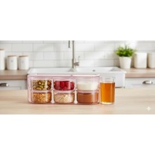 Aesco 7 Parça Kristal Plastik Kahvaltılık Kuruyemişlik Saklama Kabı Set, 28 x 10 x 11 cm Saklama Kutusu, 6 Adet Vakum Kapaklı Kap, Pembe