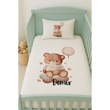 Lilabio %100 Pamuk Isme Özel Isimli 100X150 cm Pike Seti Bulut Üstünde Balonlu Ayıcık