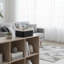 Aesco Mini Dikdörtgen Bambu Düzenleyici ve Saklama Sepeti – Siyah Ahşap Banyo, Makyaj ve Ofis Organizeri, Kumaş Astarlı Çok Amaçlı Dekoratif Kutu (20X15X10 Cm)