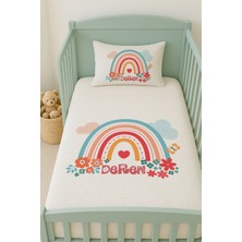 Lilabio %100 Pamuk Isme Özel Isimli 100X150 cm Pike Seti Çiçekli Gökkuşağı